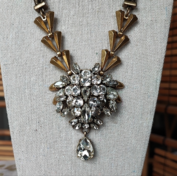 J. Crew Art Deco Revival Brass Tone Clear Stone Statement Necklace Reproduction - Picture 6 of 16
